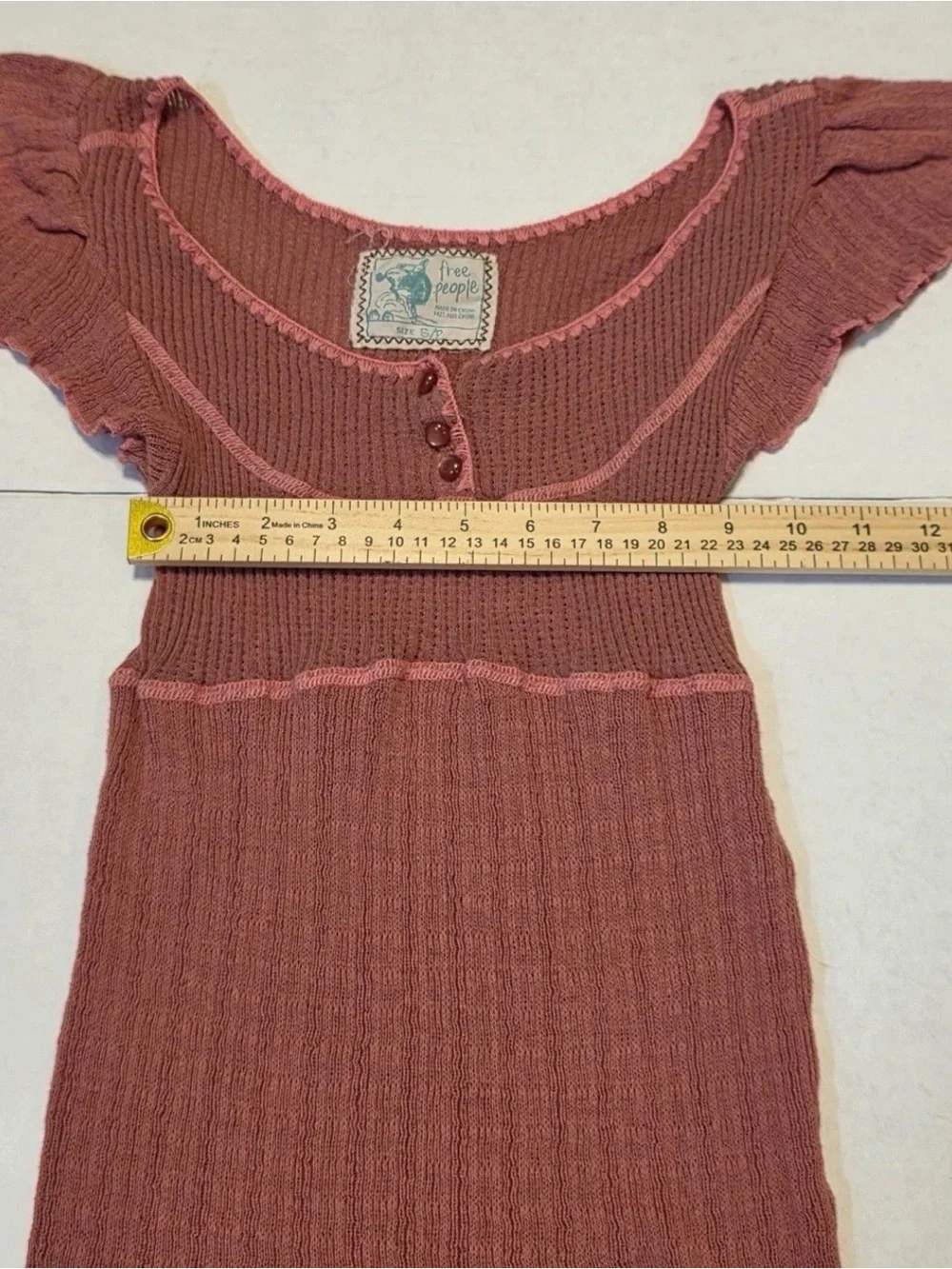 Vintage Free People Dusty Rose Ribbed Knit Top with Flutter Sleeves